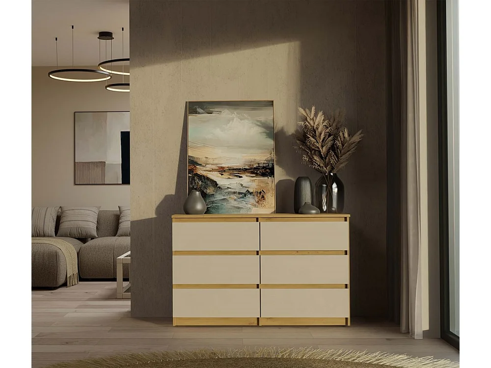 Komoda Malwa M6/120 | Dąb Artisan/Kaszmir | 120x30x75 cm | Nowoczesna 6 Szuflad