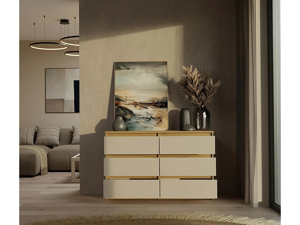 Komoda Malwa M6/120 | Dąb Artisan/Kaszmir | 120x30x75 cm | Nowoczesna 6 Szuflad