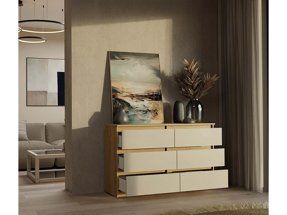 Komoda Malwa M6/120 | Dąb Artisan/Kaszmir | 120x30x75 cm | Nowoczesna 6 Szuflad