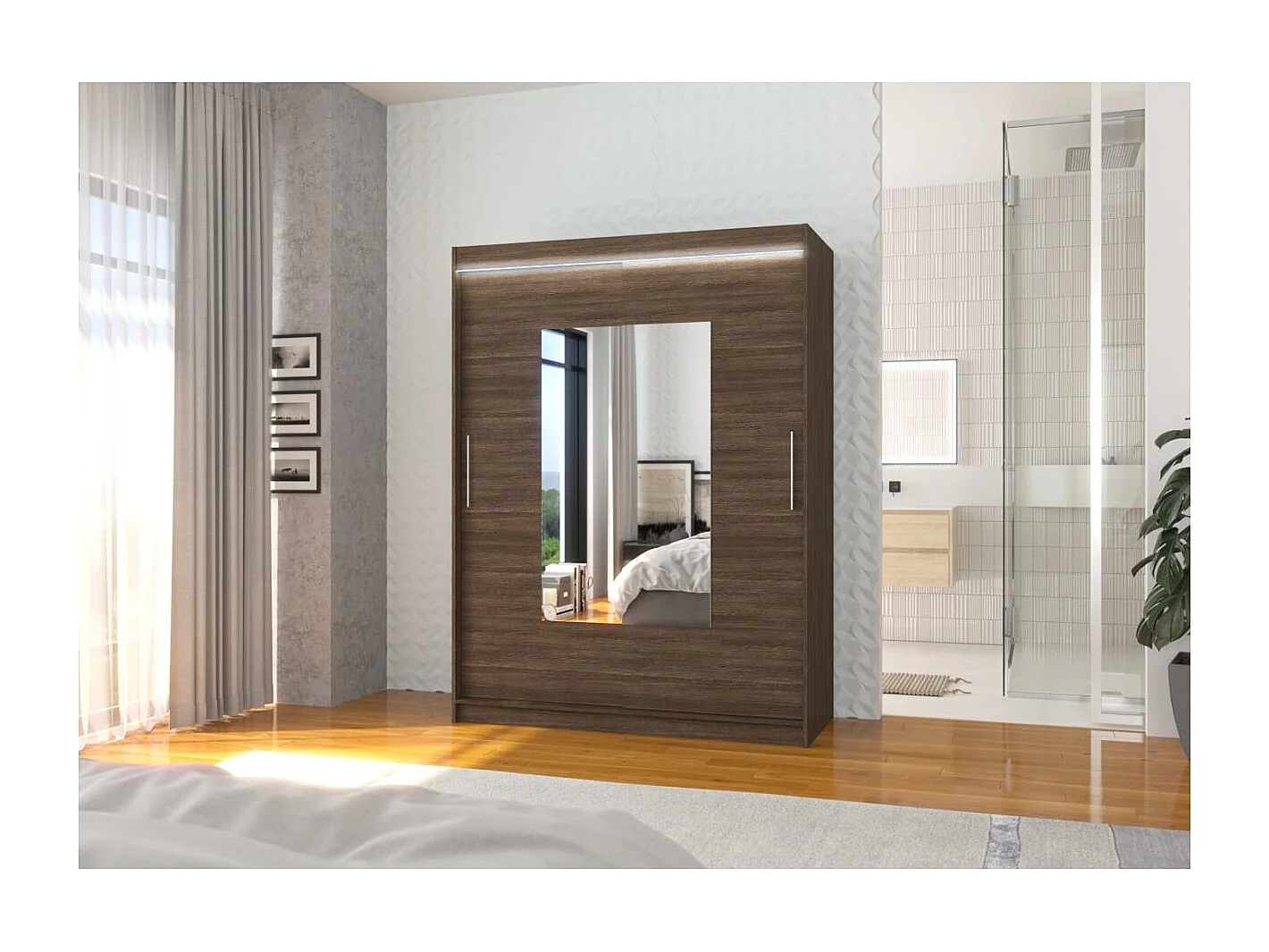 Kleiderschrank Rodrigo (150cm)/Schiebetüren/Spiegel/LED/Braun