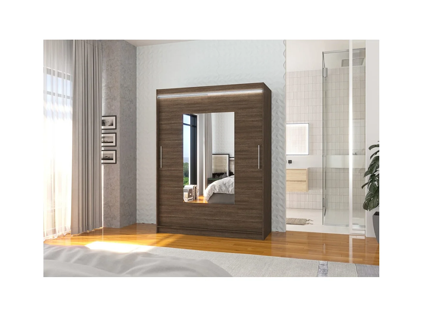 Armadio Rodrigo (150cm)/ante scorrevoli/specchio/LED/Marrone