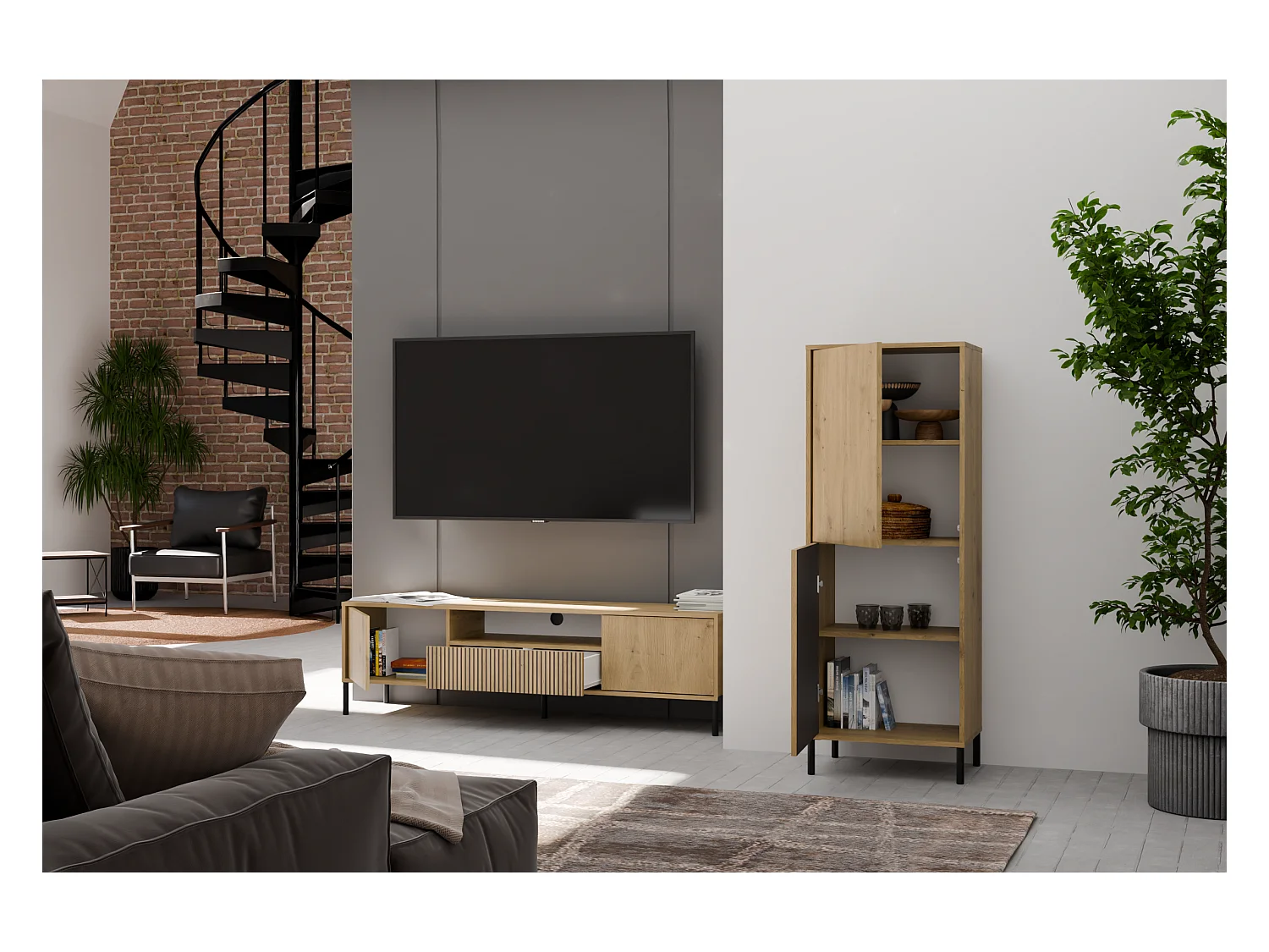 KAMARO - Armoire moderne 3 étagères et 2 portes - 147.5x53.5x40cm - Meuble de rangement - Chêne artisan