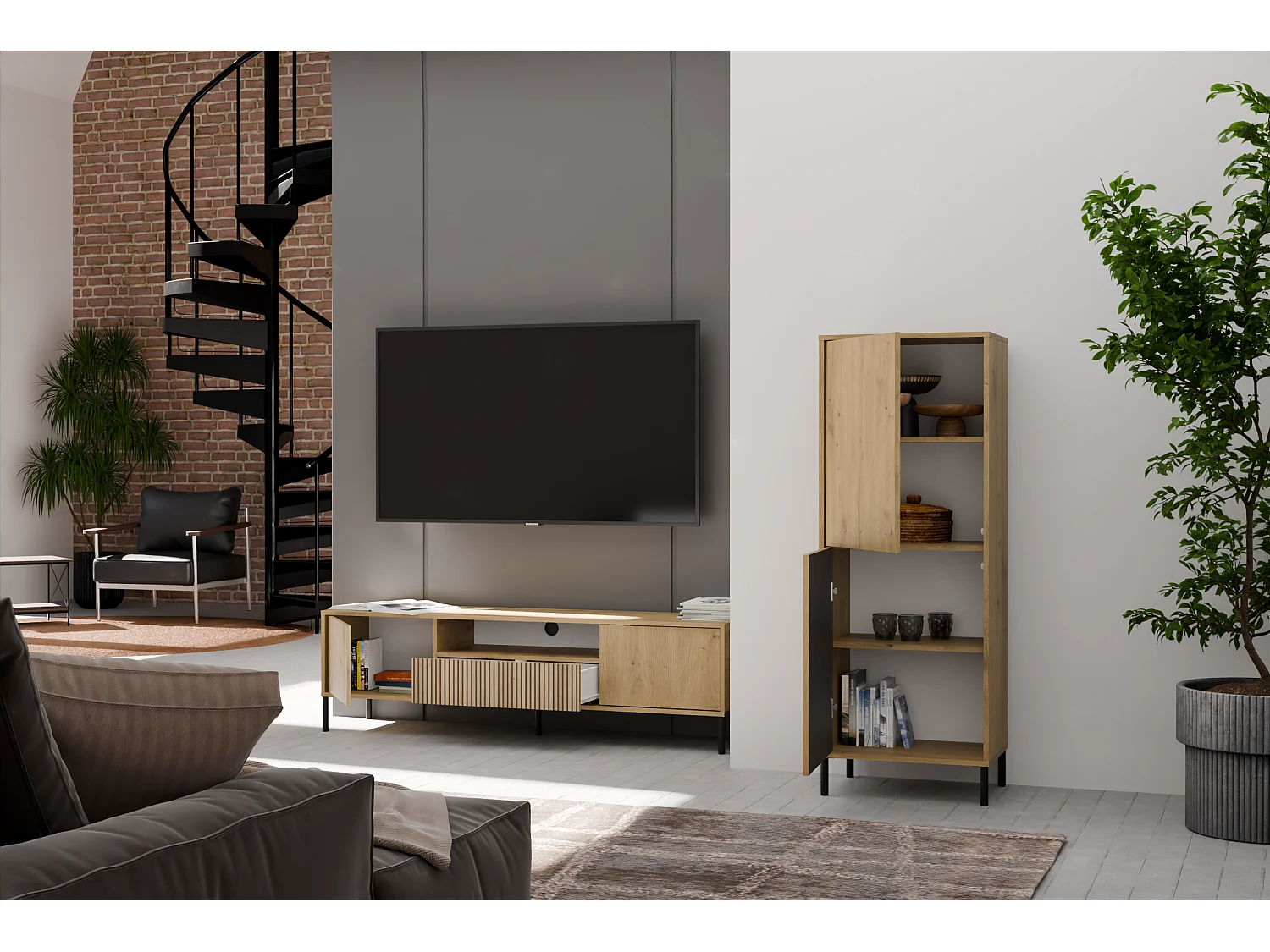 Witryna KAMARO 2DK Slim| Dąb Artisan | 53.5x40x147.5 | Ryflowany Front