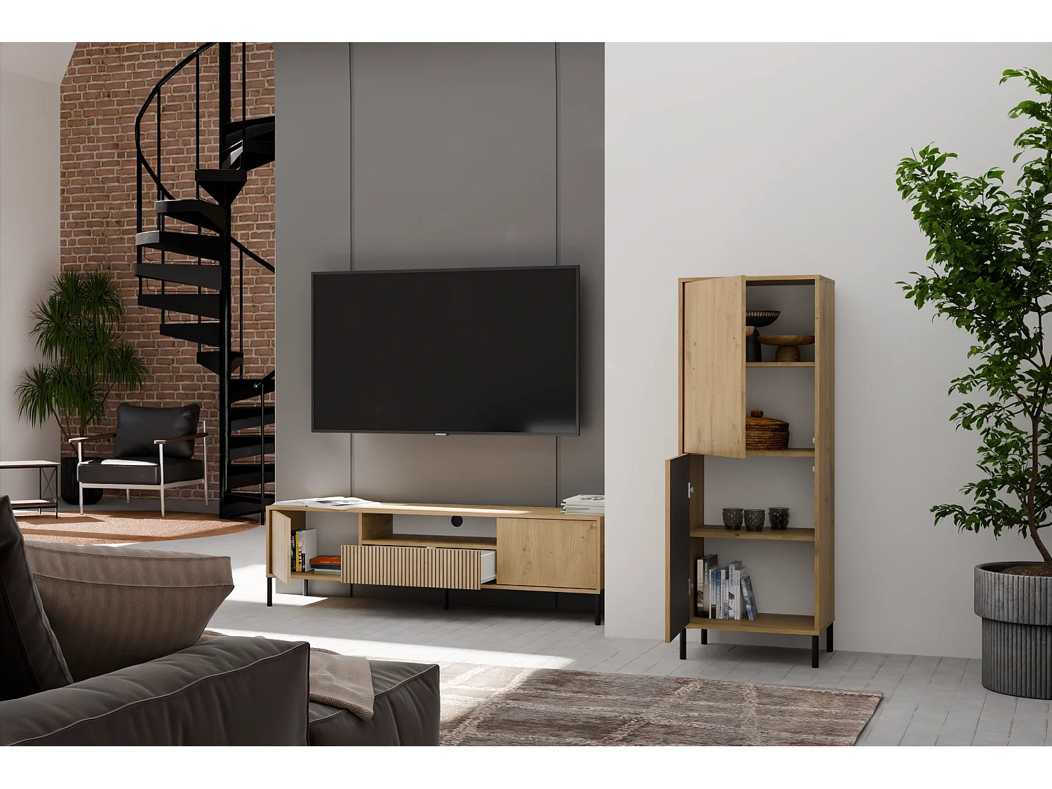 KAMARO - Armoire moderne 3 étagères et 2 portes - 147.5x53.5x40cm - Meuble de rangement - Chêne artisan