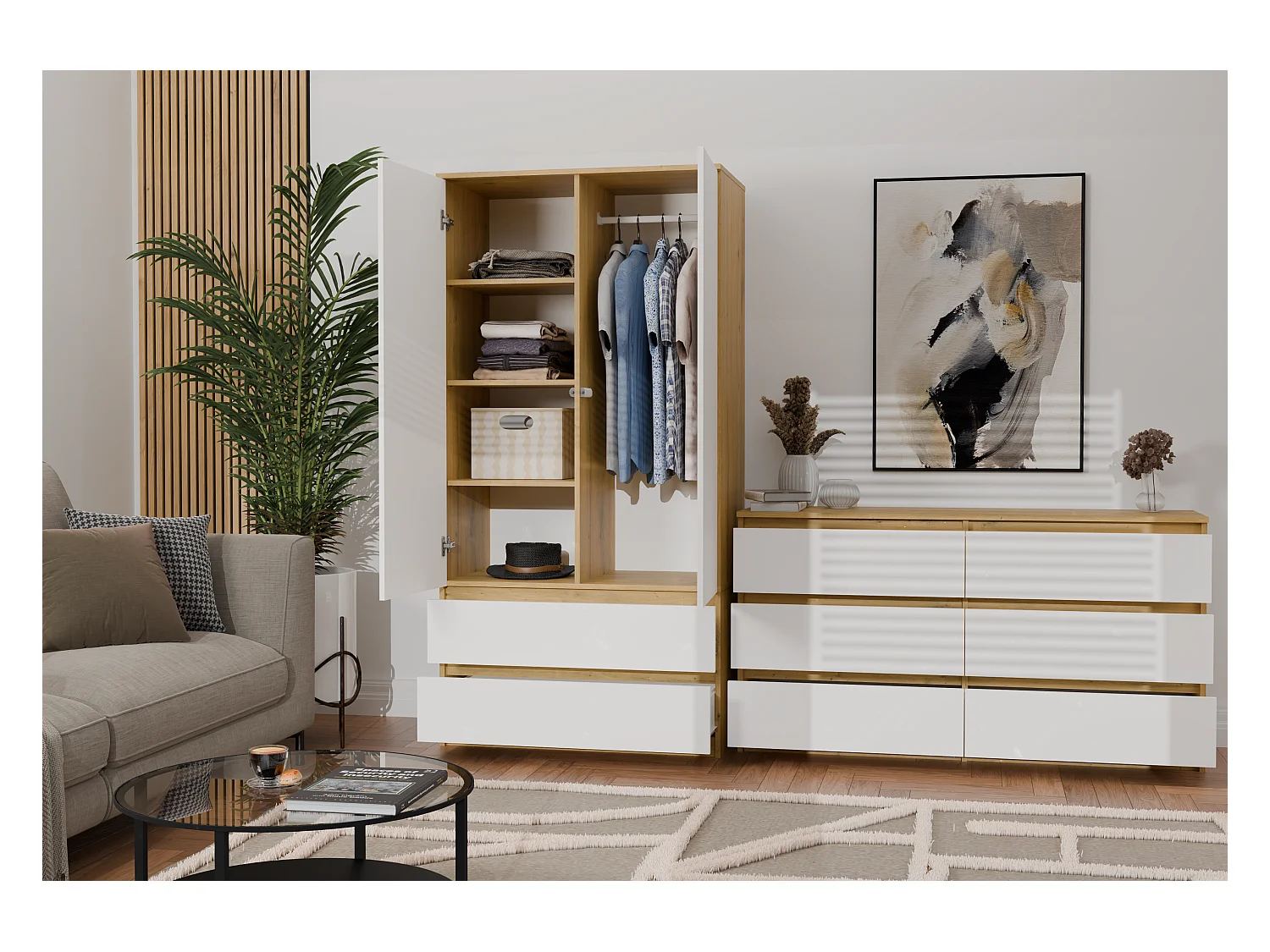 Szafa Malwa SS-90 | 90x50x180 cm | Dąb Artisan/Biały | 2 Drzwi, 2 Szuflady