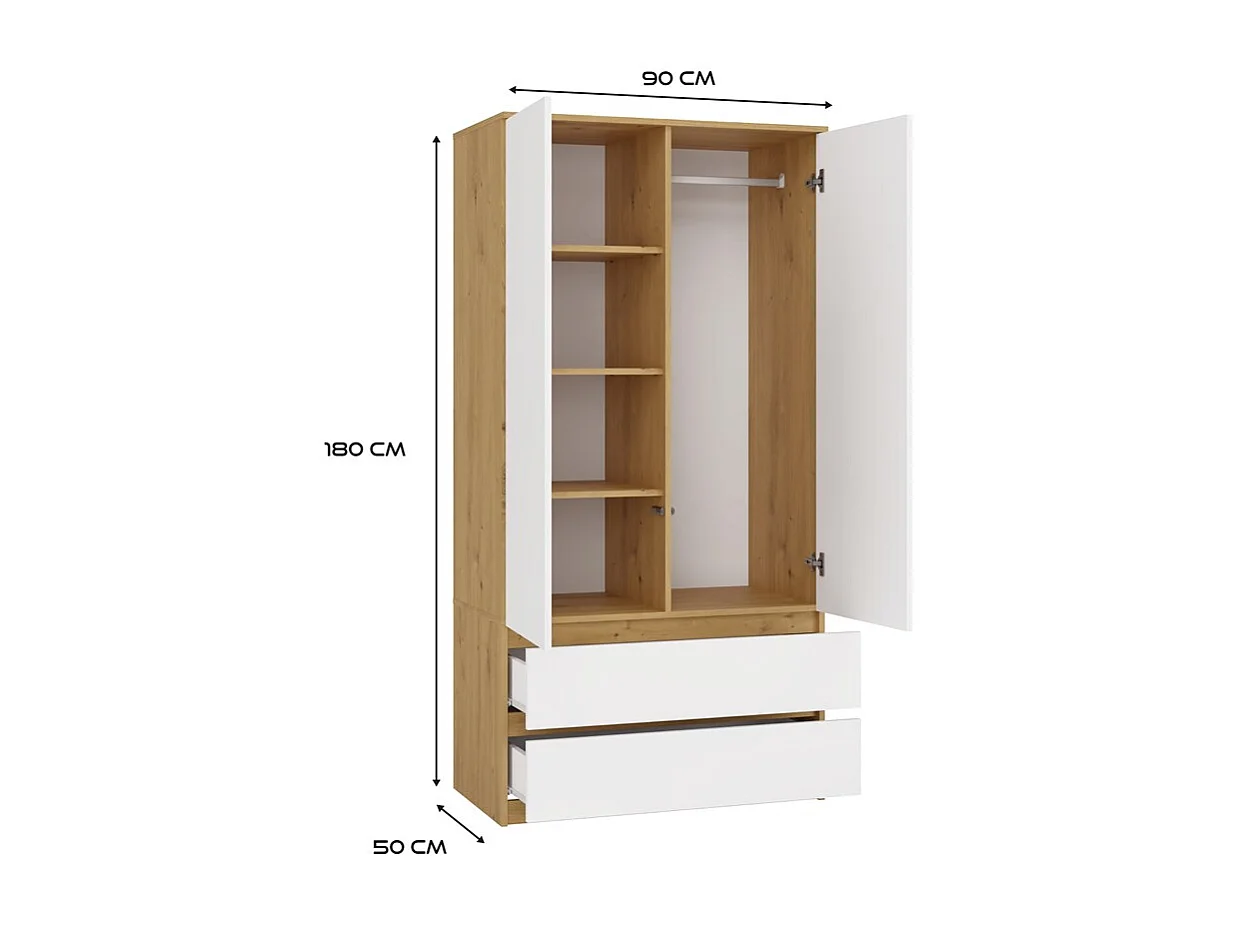 Szafa Malwa SS-90 | 90x50x180 cm | Dąb Artisan/Biały | 2 Drzwi, 2 Szuflady