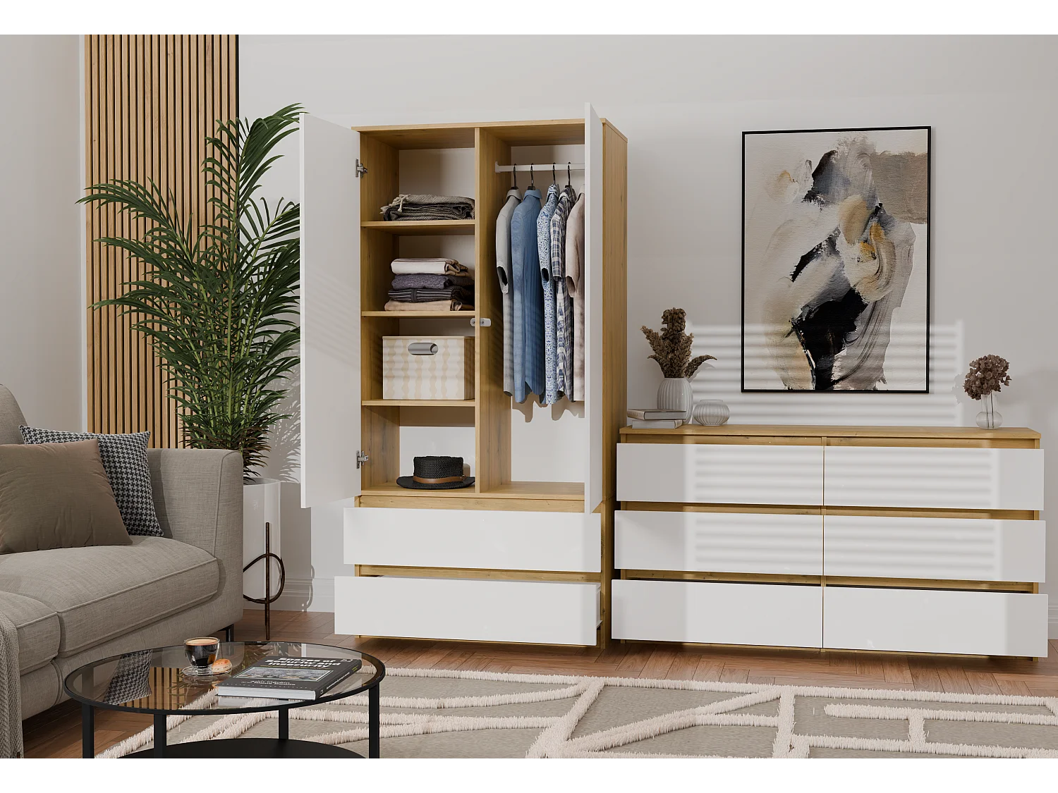 Szafa Malwa SS-90 | 90x50x180 cm | Dąb Artisan/Biały | 2 Drzwi, 2 Szuflady