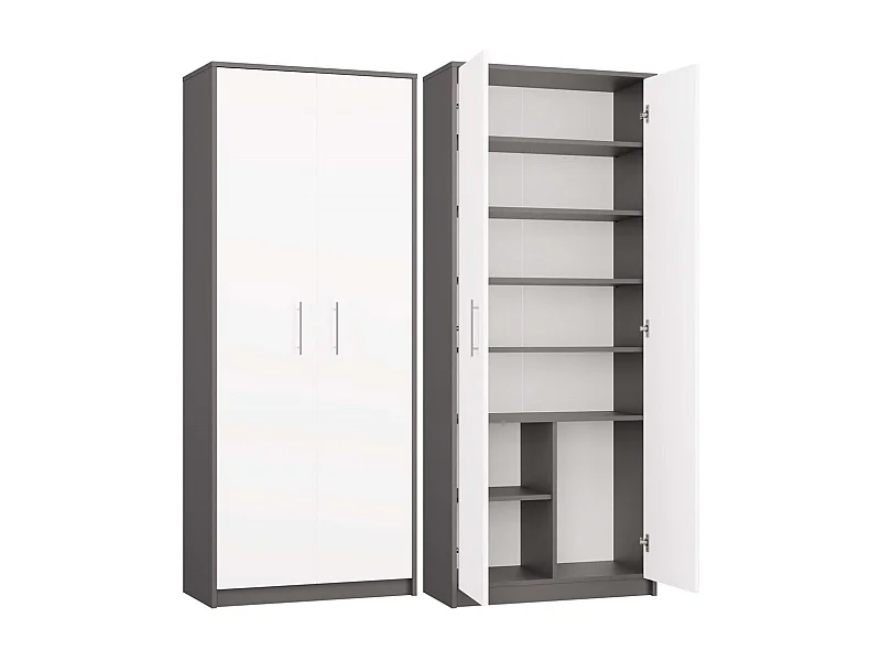 Regał Oliv 2D | Antracyt/ Biel | 74x35x180 cm | Regał Zamykany, 2 Drzwi, 8 Półek
