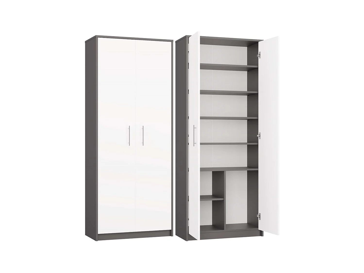 Regał Oliv 2D | Antracyt/ Biel | 74x35x180 cm | Regał Zamykany, 2 Drzwi, 8 Półek