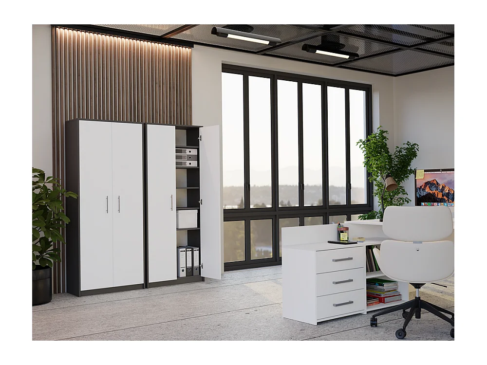 Regał Oliv 2D | Antracyt/ Biel | 74x35x180 cm | Regał Zamykany, 2 Drzwi, 8 Półek