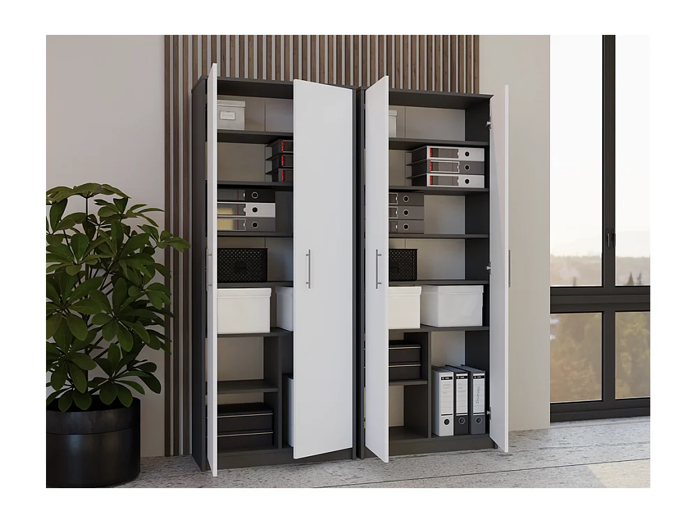 Regał Oliv 2D | Antracyt/ Biel | 74x35x180 cm | Regał Zamykany, 2 Drzwi, 8 Półek