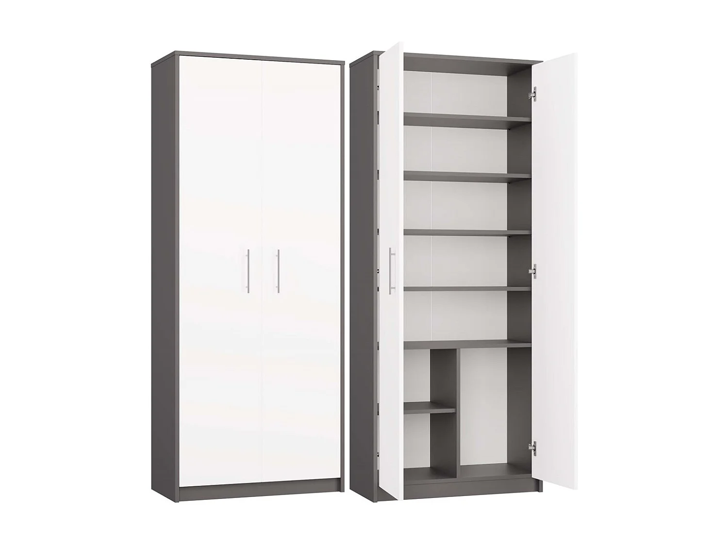 Regał Oliv 2D | Antracyt/ Biel | 74x35x180 cm | Regał Zamykany, 2 Drzwi, 8 Półek