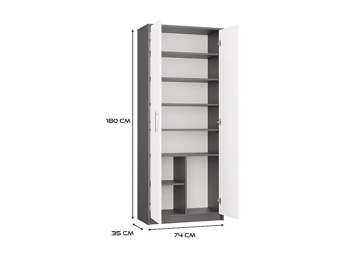 Regał Oliv 2D | Antracyt/ Biel | 74x35x180 cm | Regał Zamykany, 2 Drzwi, 8 Półek