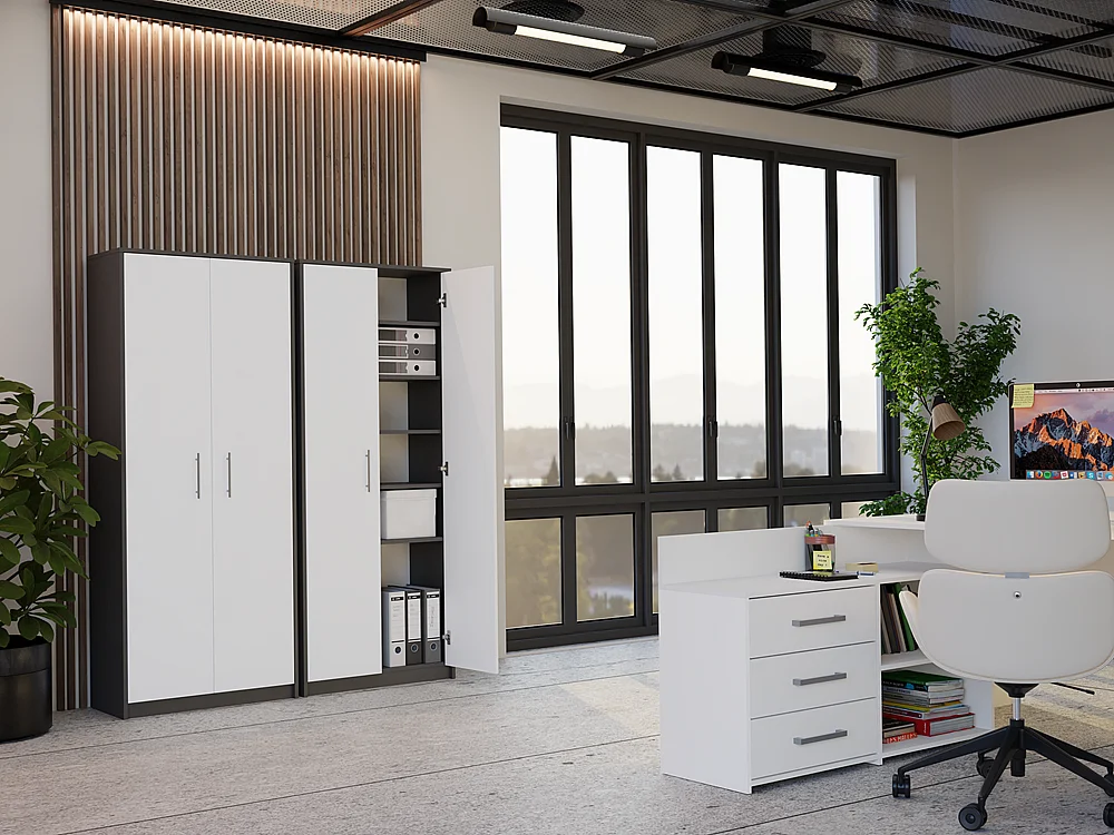 Regał Oliv 2D | Antracyt/ Biel | 74x35x180 cm | Regał Zamykany, 2 Drzwi, 8 Półek