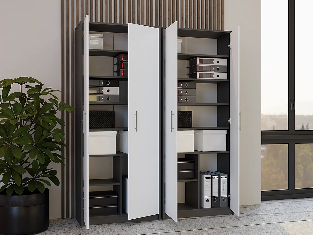 Regał Oliv 2D | Antracyt/ Biel | 74x35x180 cm | Regał Zamykany, 2 Drzwi, 8 Półek