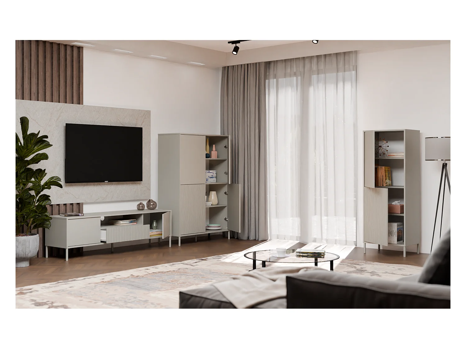 Witryna KAMARO 2DK Slim| Kaszmir | 53.5x40x147.5 cm| Ryflowany Front