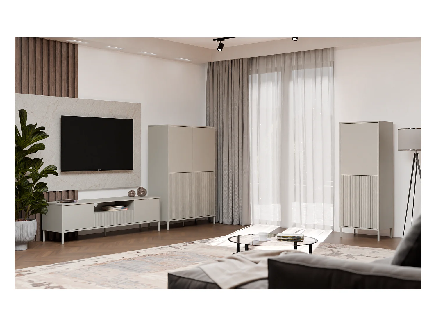 Witryna KAMARO 2DK Slim| Kaszmir | 53.5x40x147.5 cm| Ryflowany Front