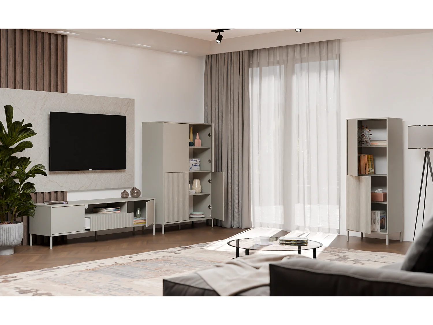 KAMARO - Armoire moderne 3 étagères et 2 portes - 147.5x53.5x40cm - Meuble de rangement - Beige Cachemire