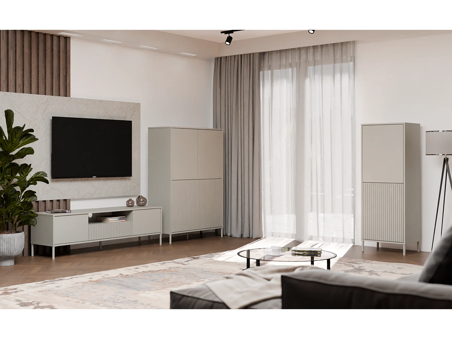 KAMARO - Armoire moderne 3 étagères et 2 portes - 147.5x53.5x40cm - Meuble de rangement - Beige Cachemire