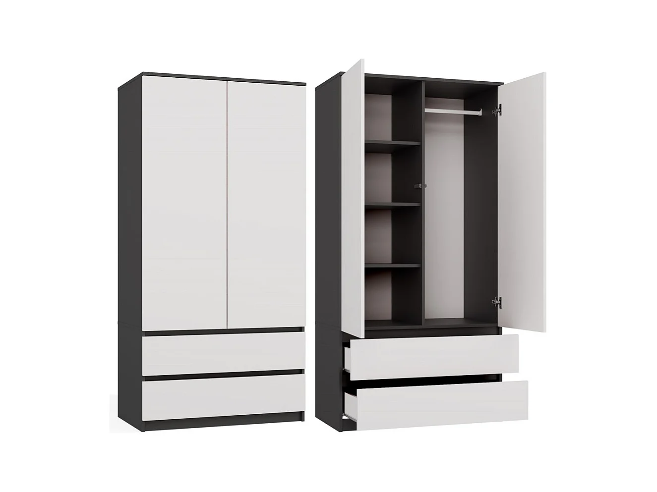 TURIN - Armoire de chambre - Penderie multifonctions - 2 portes + 2 tiroirs - Dressing - Anthracite et Blanc