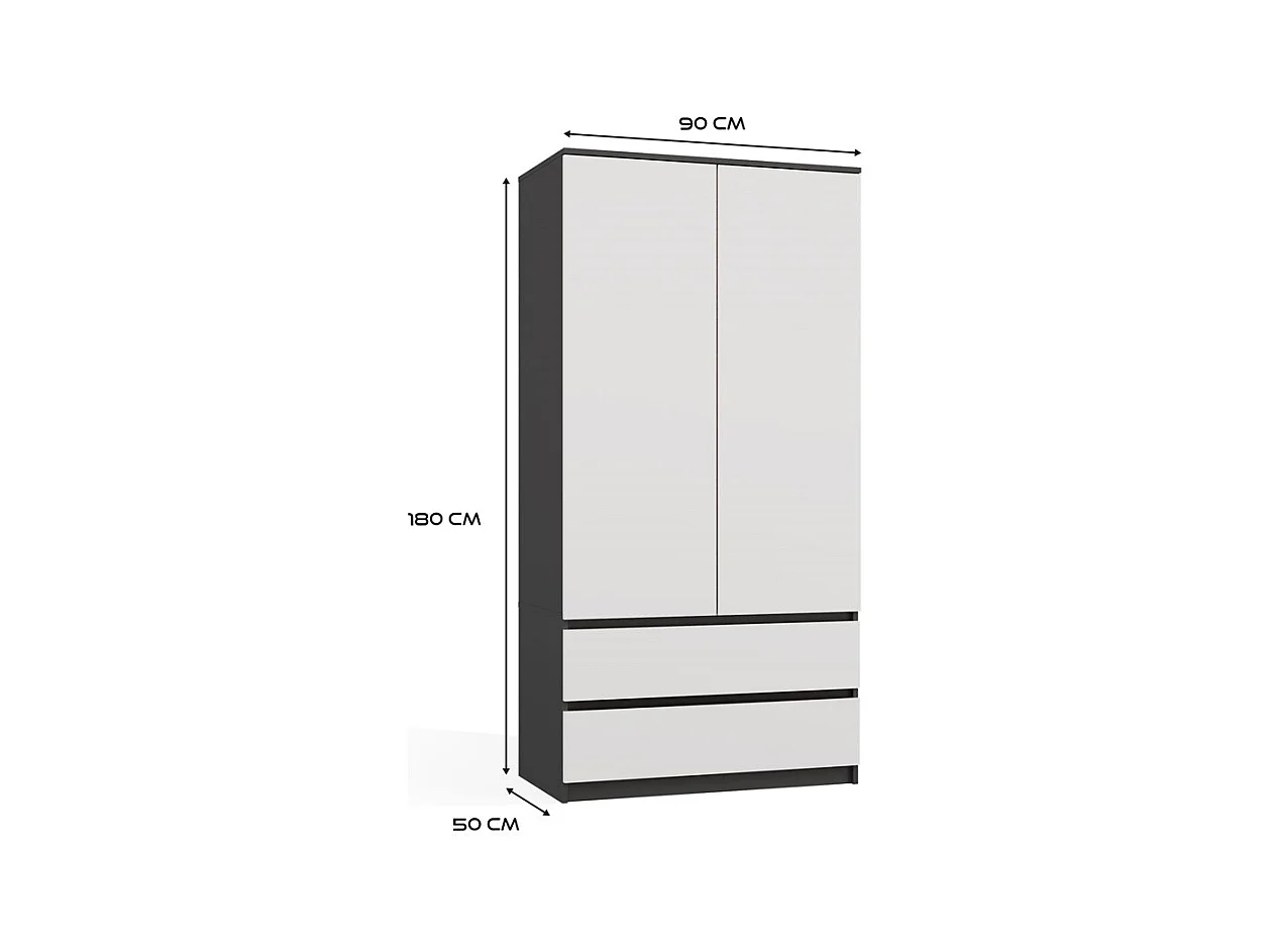 TURIN - Armoire de chambre - Penderie multifonctions - 2 portes + 2 tiroirs - Dressing - Anthracite et Blanc