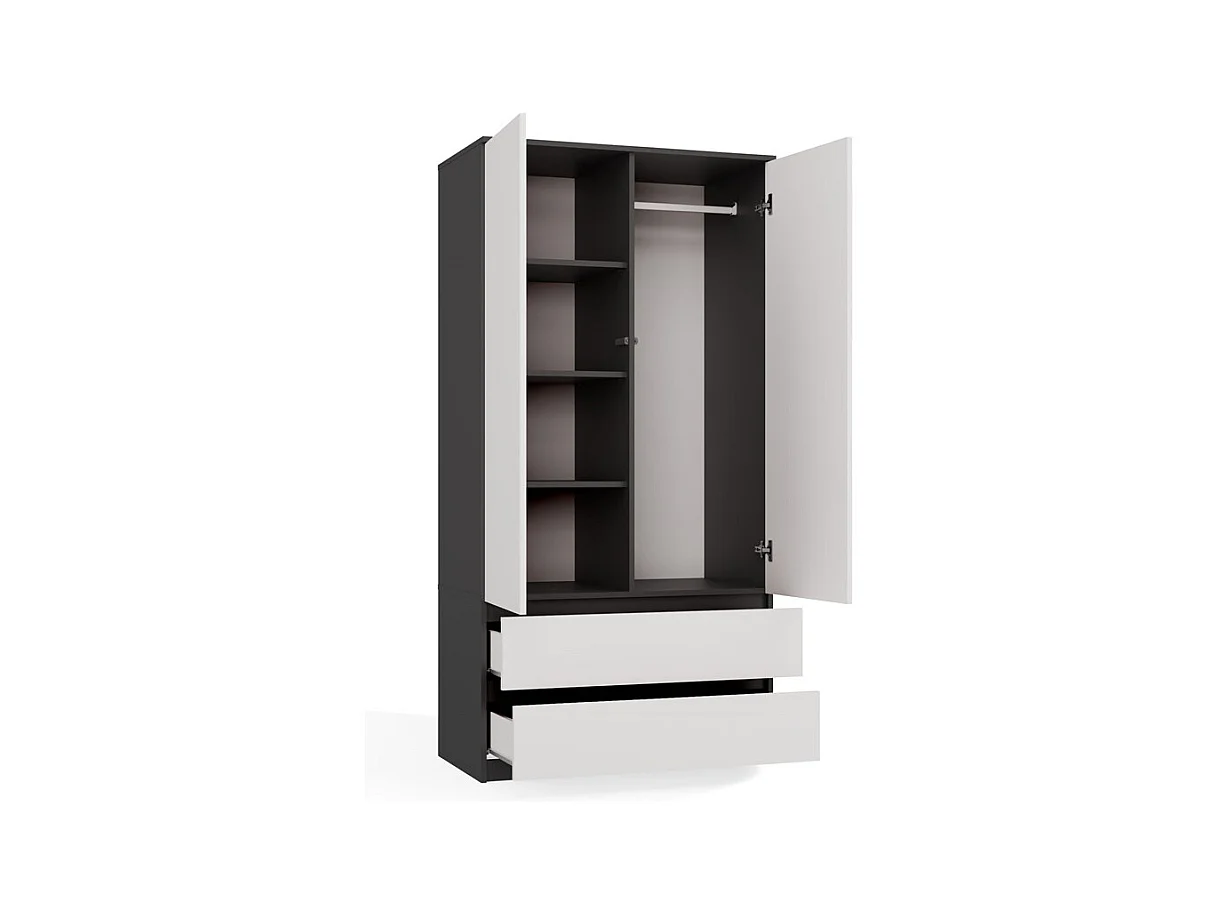 TURIN - Armoire de chambre - Penderie multifonctions - 2 portes + 2 tiroirs - Dressing - Anthracite et Blanc