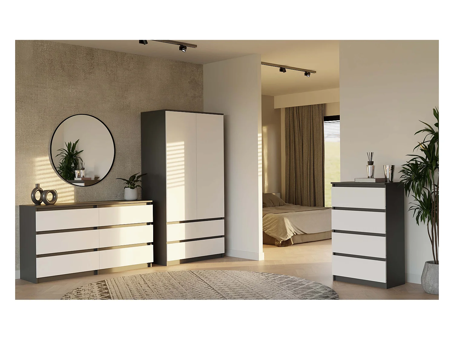 TURIN - Armoire de chambre - Penderie multifonctions - 2 portes + 2 tiroirs - Dressing - Anthracite et Blanc