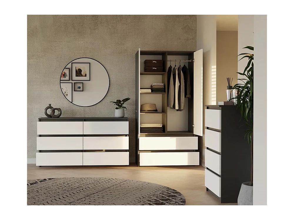 TURIN - Armoire de chambre - Penderie multifonctions - 2 portes + 2 tiroirs - Dressing - Anthracite et Blanc