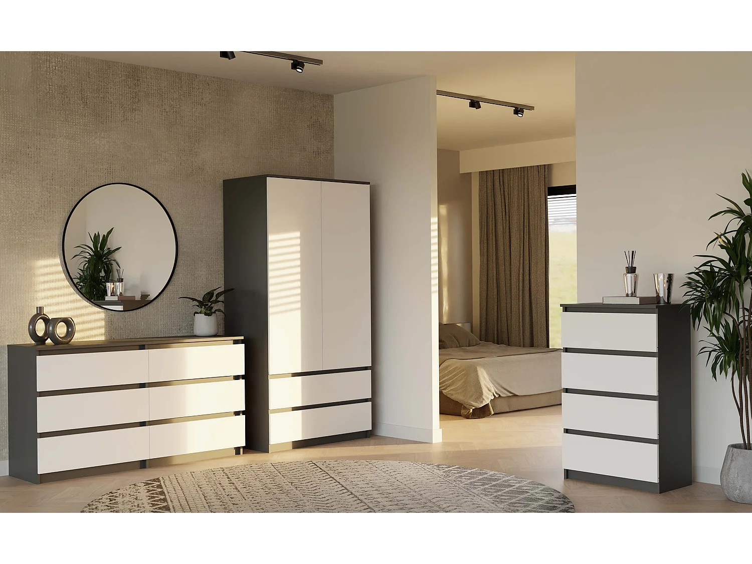 TURIN - Armoire de chambre - Penderie multifonctions - 2 portes + 2 tiroirs - Dressing - Anthracite et Blanc