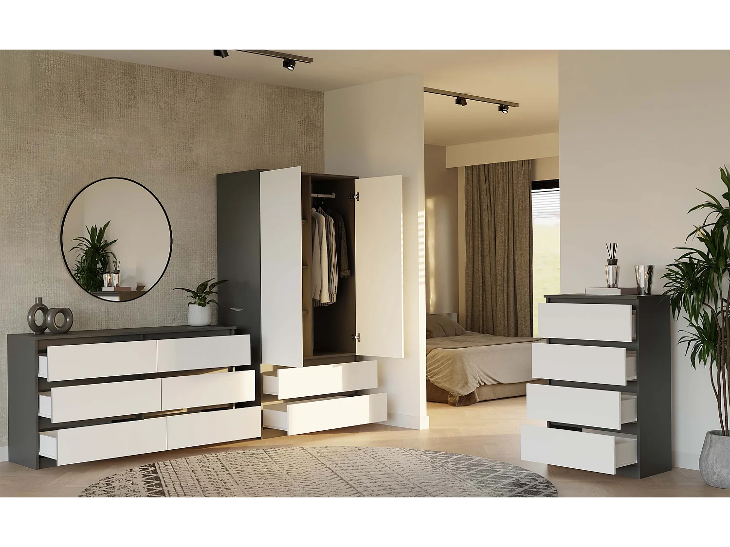 TURIN - Armoire de chambre - Penderie multifonctions - 2 portes + 2 tiroirs - Dressing - Anthracite et Blanc