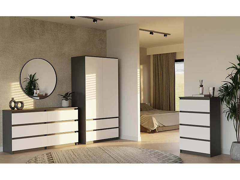 TURIN - Armoire de chambre - Penderie multifonctions - 2 portes + 2 tiroirs - Dressing - Anthracite et Blanc