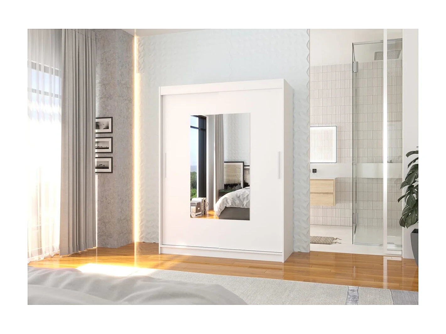 Armoire Rodrigo (150cm)/portes coulissantes/miroir/Blanc