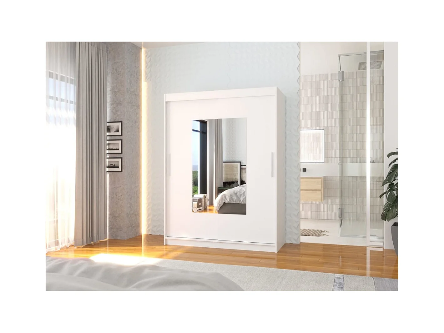 Armoire Rodrigo (150cm)/portes coulissantes/miroir/Blanc