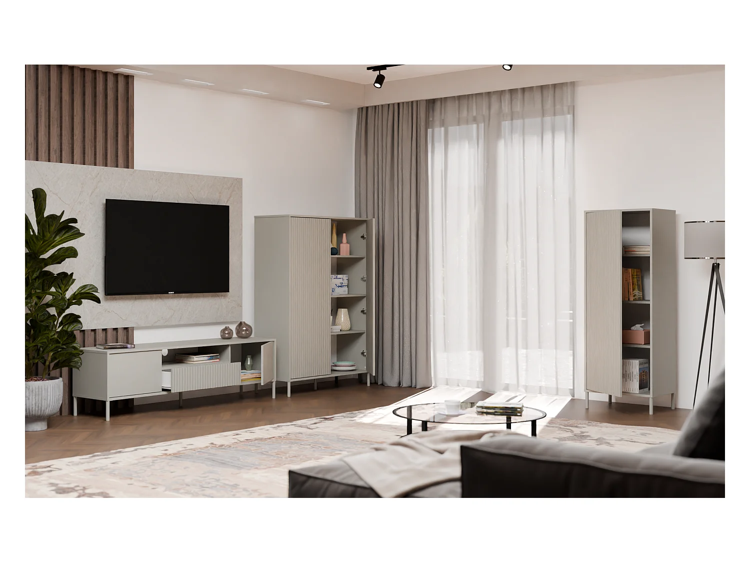 KAMARO - Armoire moderne 3 étagères - 147.5x53.5x40cm - Meuble de rangement - Beige Cachemire