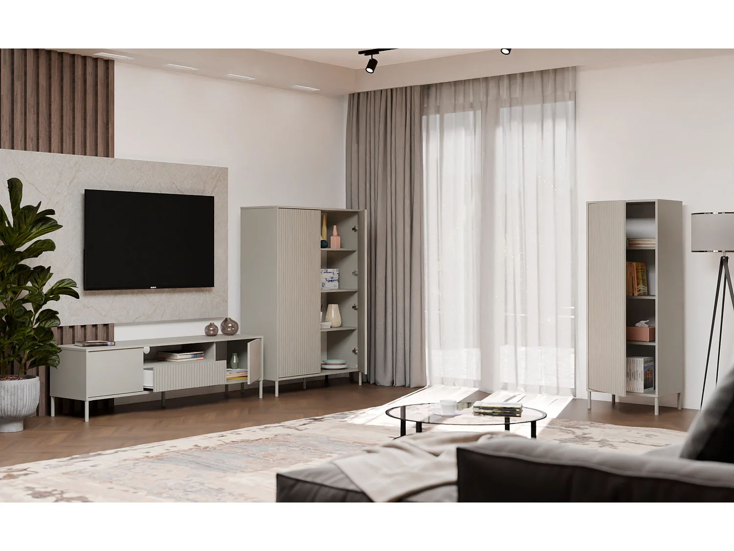 Witryna KAMARO 1DD Slim | Kaszmir| 53.5x40x147.5 | Ryflowany Front