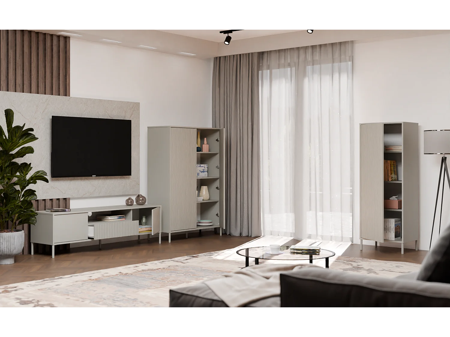 Witryna KAMARO 1DD Slim | Kaszmir| 53.5x40x147.5 | Ryflowany Front