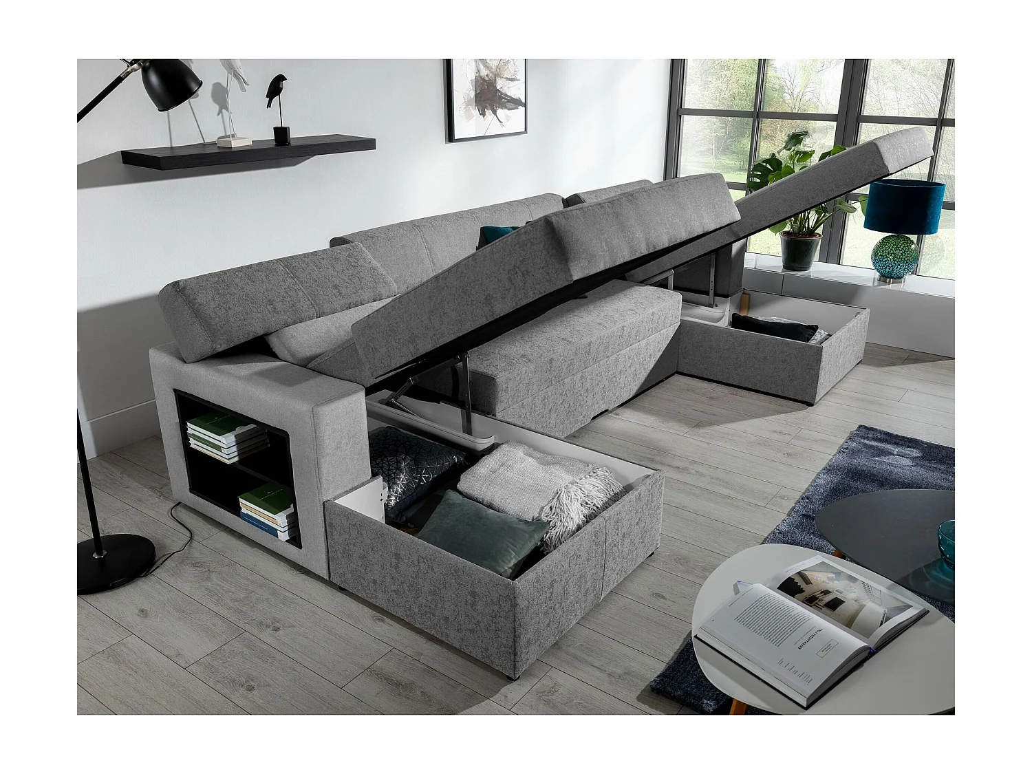 Divano d'angolo Larion L/rivestimento in tessut/Grigio&Nero