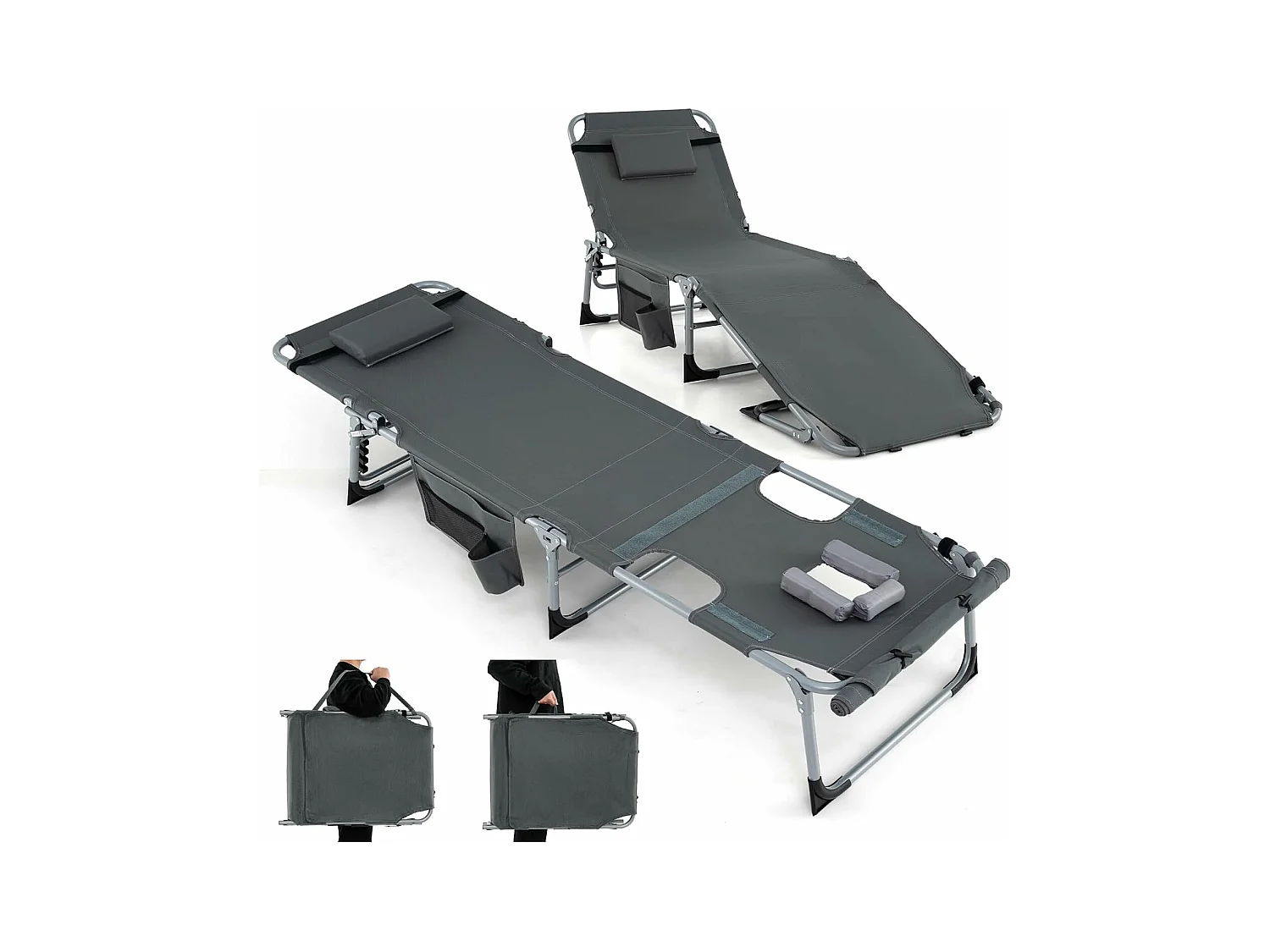 Bain de Soleil en Aluminium avec Dossier Réglable, Chaise Longue Pliante avec Oreiller Amovible et Trou pour Visage, Transat avec Poche Latérale, Charge 180KG(Gris)