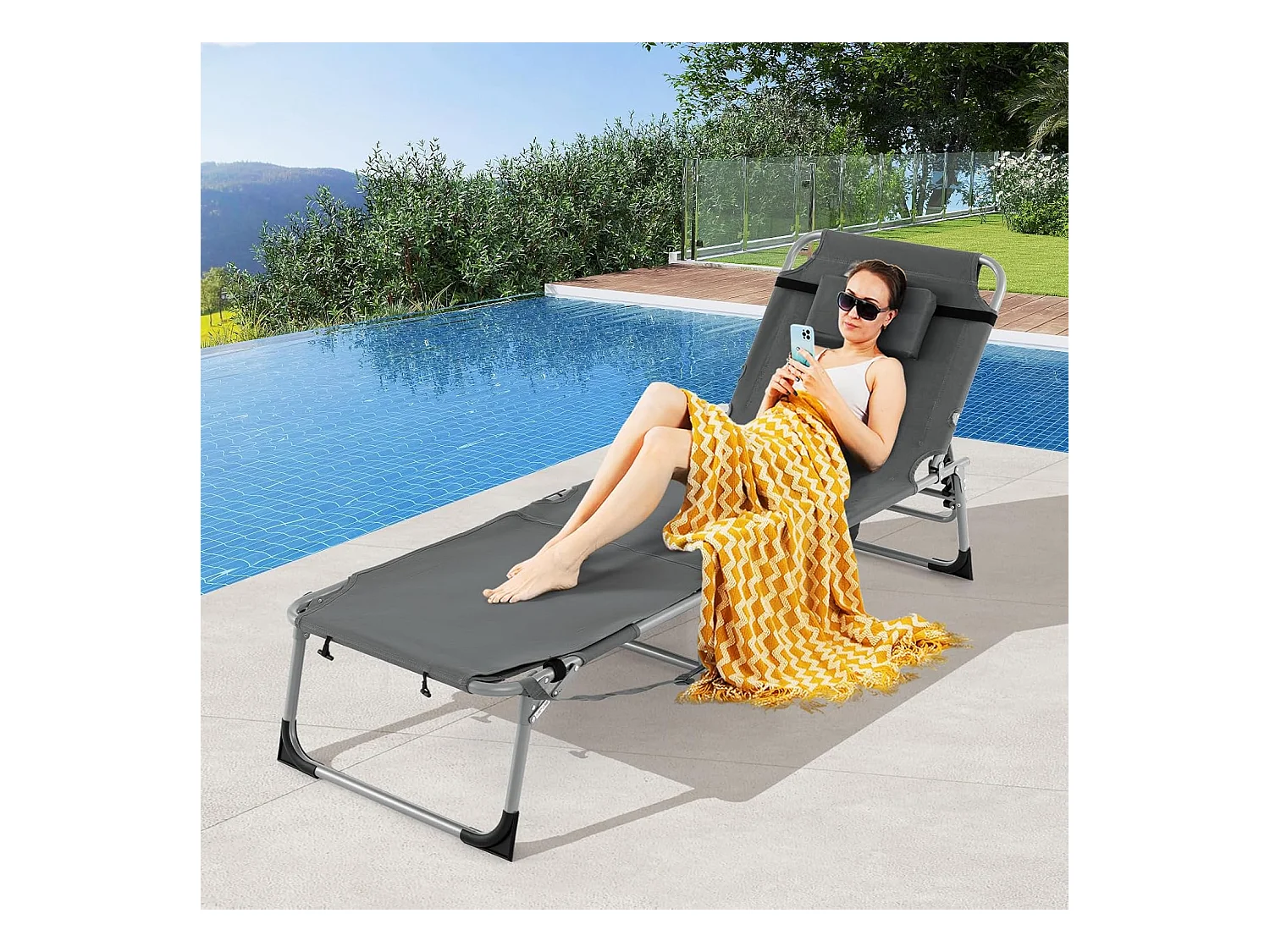 Bain de Soleil en Aluminium avec Dossier Réglable, Chaise Longue Pliante avec Oreiller Amovible et Trou pour Visage, Transat avec Poche Latérale, Charge 180KG(Gris)