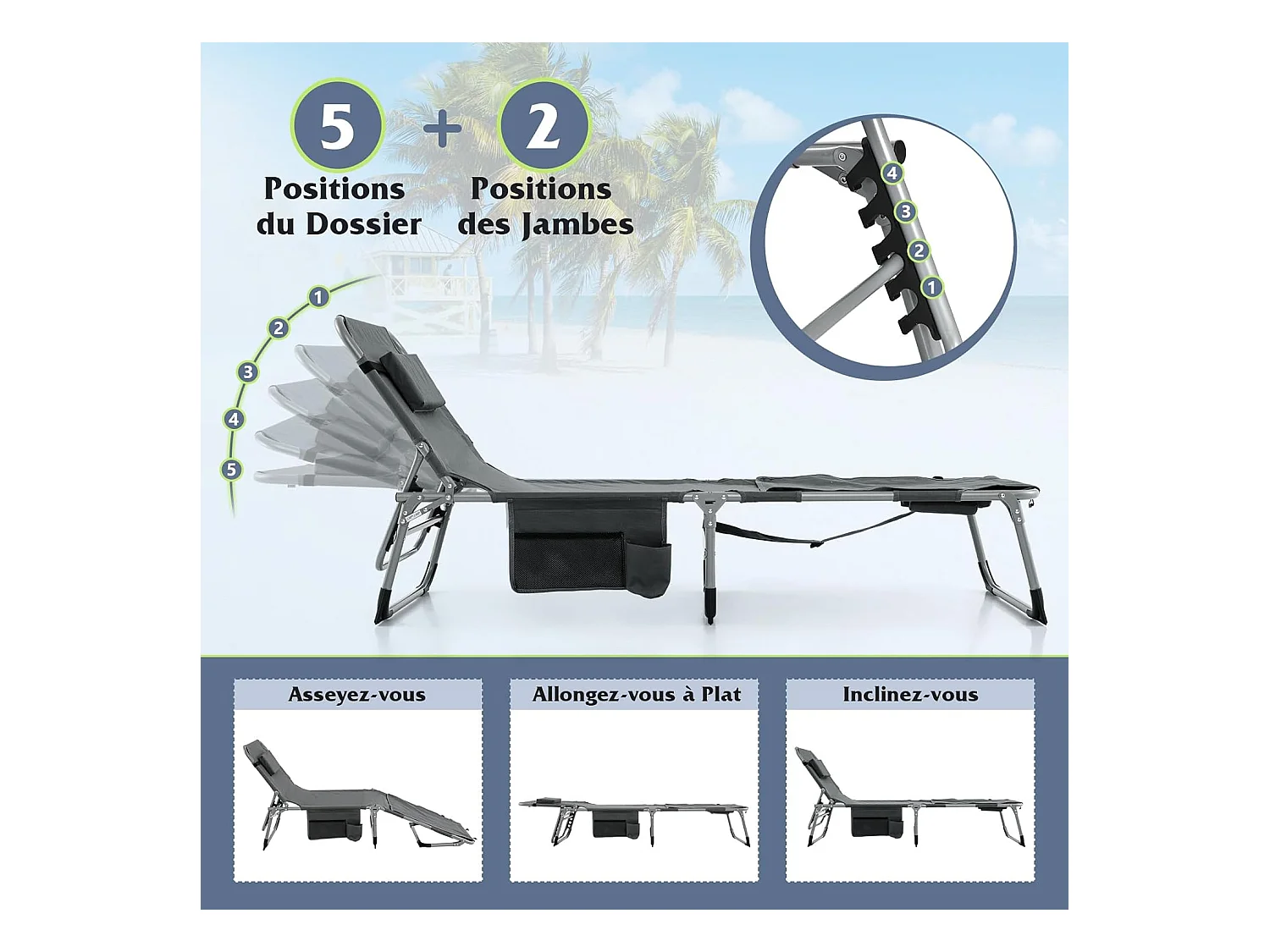Bain de Soleil en Aluminium avec Dossier Réglable, Chaise Longue Pliante avec Oreiller Amovible et Trou pour Visage, Transat avec Poche Latérale, Charge 180KG(Gris)