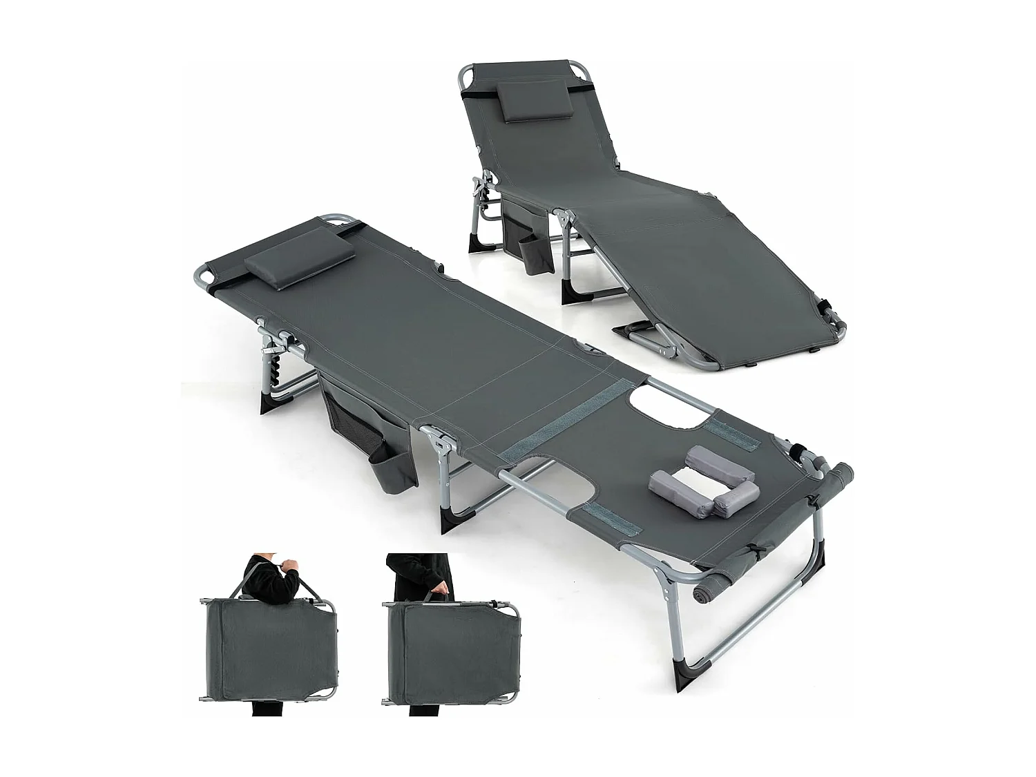 Bain de Soleil en Aluminium avec Dossier Réglable, Chaise Longue Pliante avec Oreiller Amovible et Trou pour Visage, Transat avec Poche Latérale, Charge 180KG(Gris)