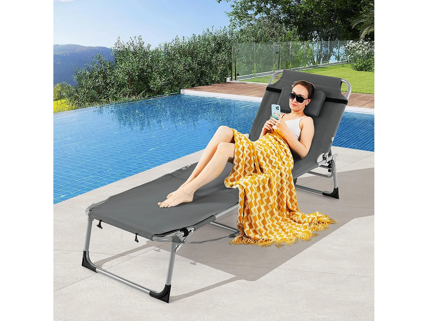 Bain de Soleil en Aluminium avec Dossier Réglable, Chaise Longue Pliante avec Oreiller Amovible et Trou pour Visage, Transat avec Poche Latérale, Charge 180KG(Gris)