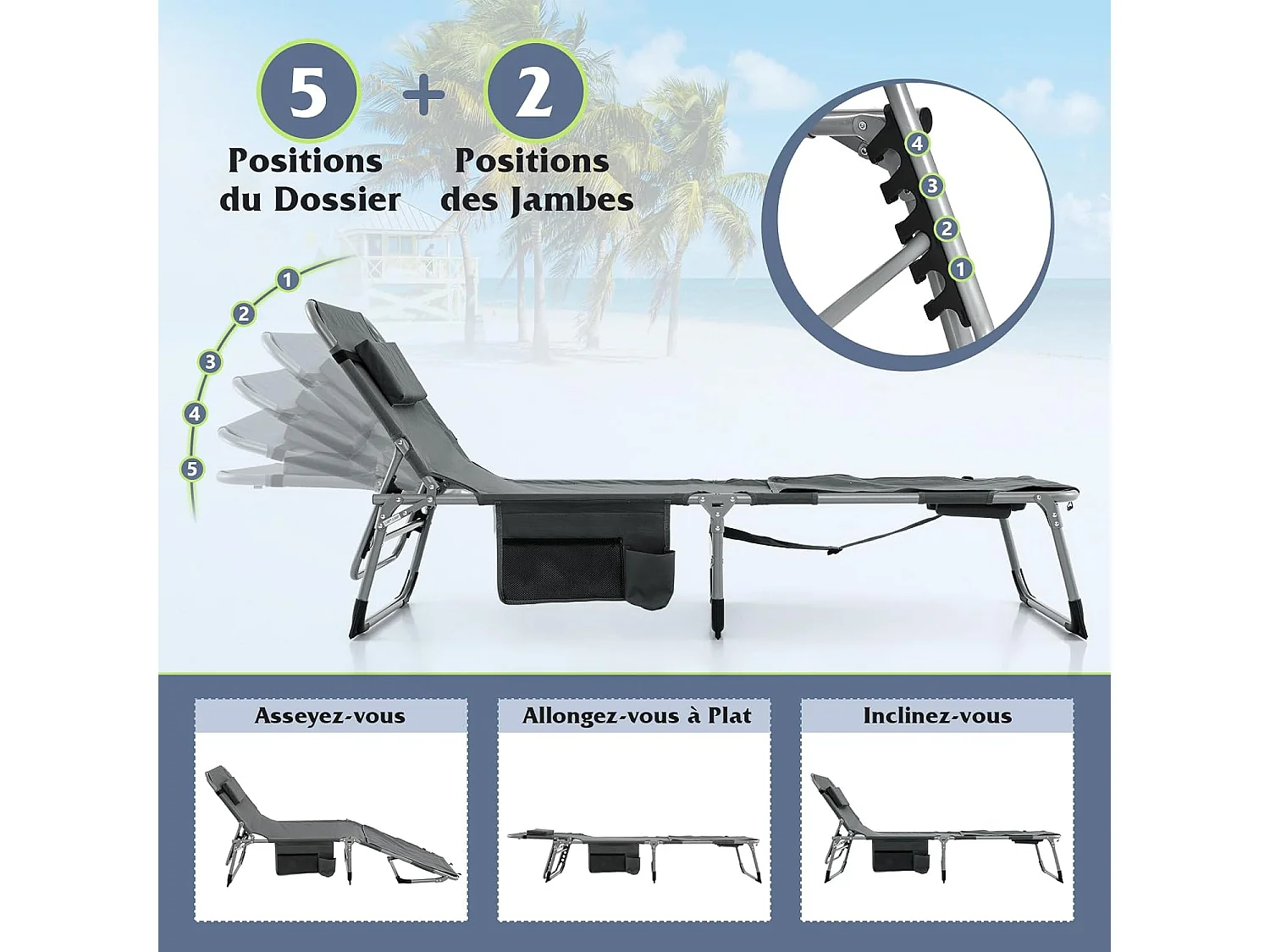 Bain de Soleil en Aluminium avec Dossier Réglable, Chaise Longue Pliante avec Oreiller Amovible et Trou pour Visage, Transat avec Poche Latérale, Charge 180KG(Gris)