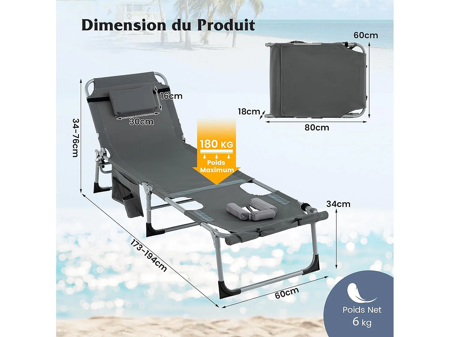 Bain de Soleil en Aluminium avec Dossier Réglable, Chaise Longue Pliante avec Oreiller Amovible et Trou pour Visage, Transat avec Poche Latérale, Charge 180KG(Gris)