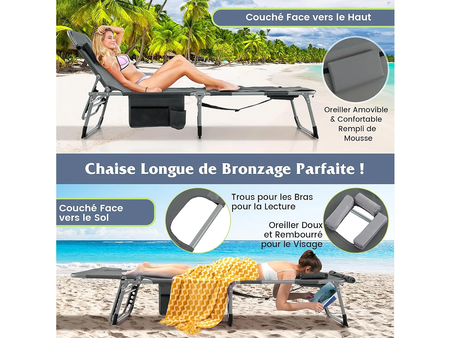 Bain de Soleil en Aluminium avec Dossier Réglable, Chaise Longue Pliante avec Oreiller Amovible et Trou pour Visage, Transat avec Poche Latérale, Charge 180KG(Gris)