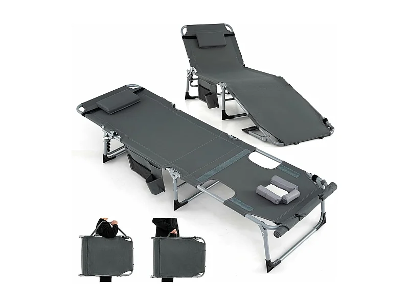 Bain de Soleil en Aluminium avec Dossier Réglable, Chaise Longue Pliante avec Oreiller Amovible et Trou pour Visage, Transat avec Poche Latérale, Charge 180KG(Gris)