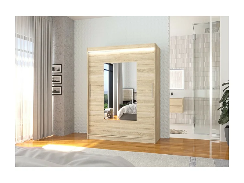 Armoire Rodrigo (150cm)/portes coulissantes/miroir/LED/Sonoma