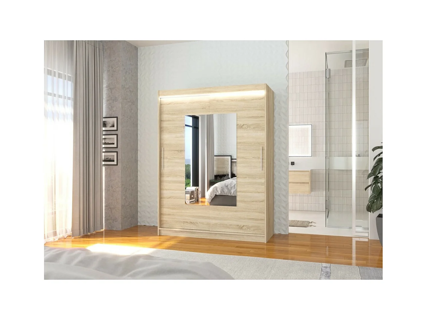 Armoire Rodrigo (150cm)/portes coulissantes/miroir/LED/Sonoma