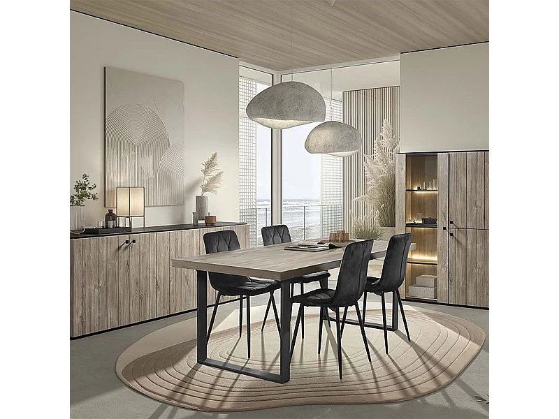 Ensemble séjour complet aspect lames de bois finition Beach et noir - THOMAS