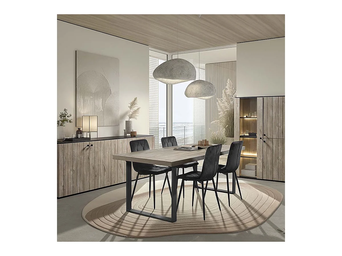 Ensemble séjour complet aspect lames de bois finition Beach et noir - THOMAS